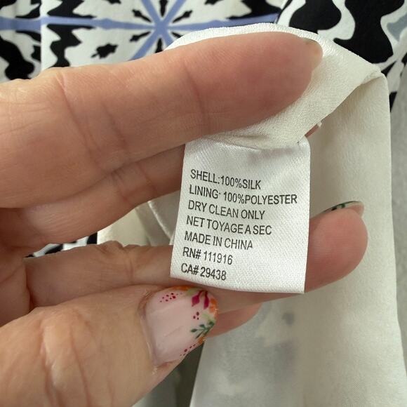 YUMI KIM Silk Sheath Dress Black Ivory Blue Geometric Print XS - Picture 5 of 6